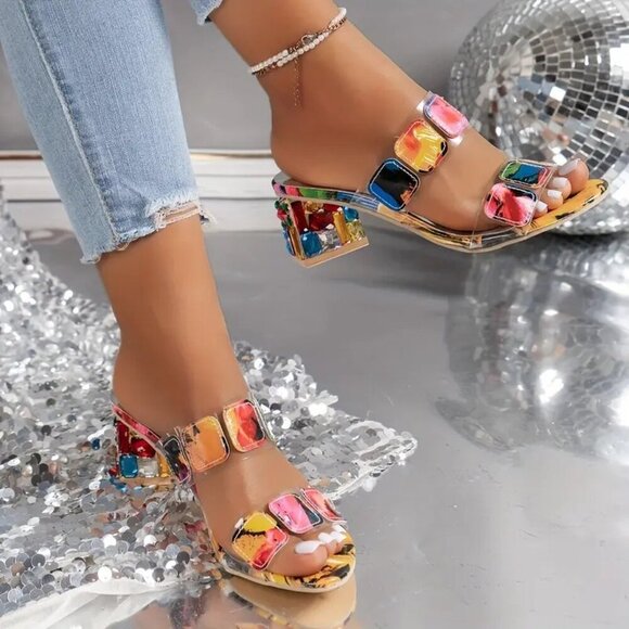 Fashion Nova vibrant multicolor square embellished chunky heeled mules 40 US 10 - Picture 11 of 11